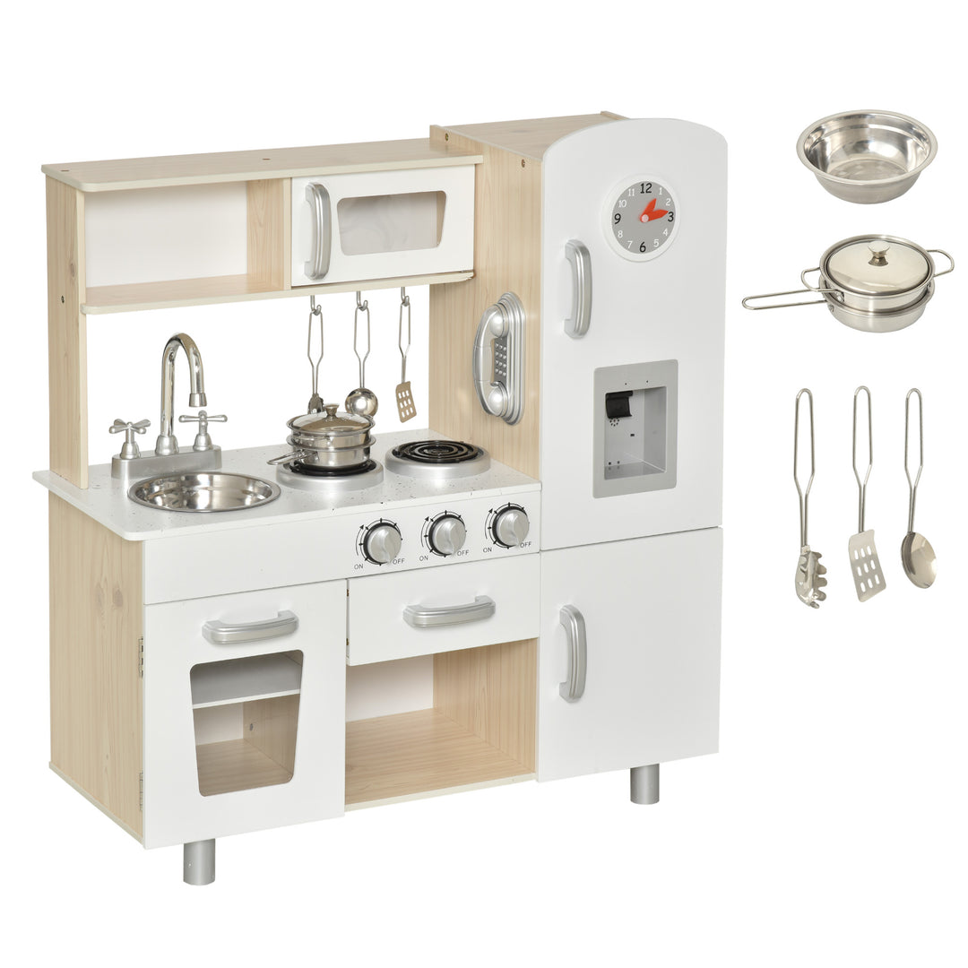 HOMCOM Kids Kitchen Playset Luxury Kitchen Accessories Set Pretend Cooking Set with Telephone Ice Machine, White