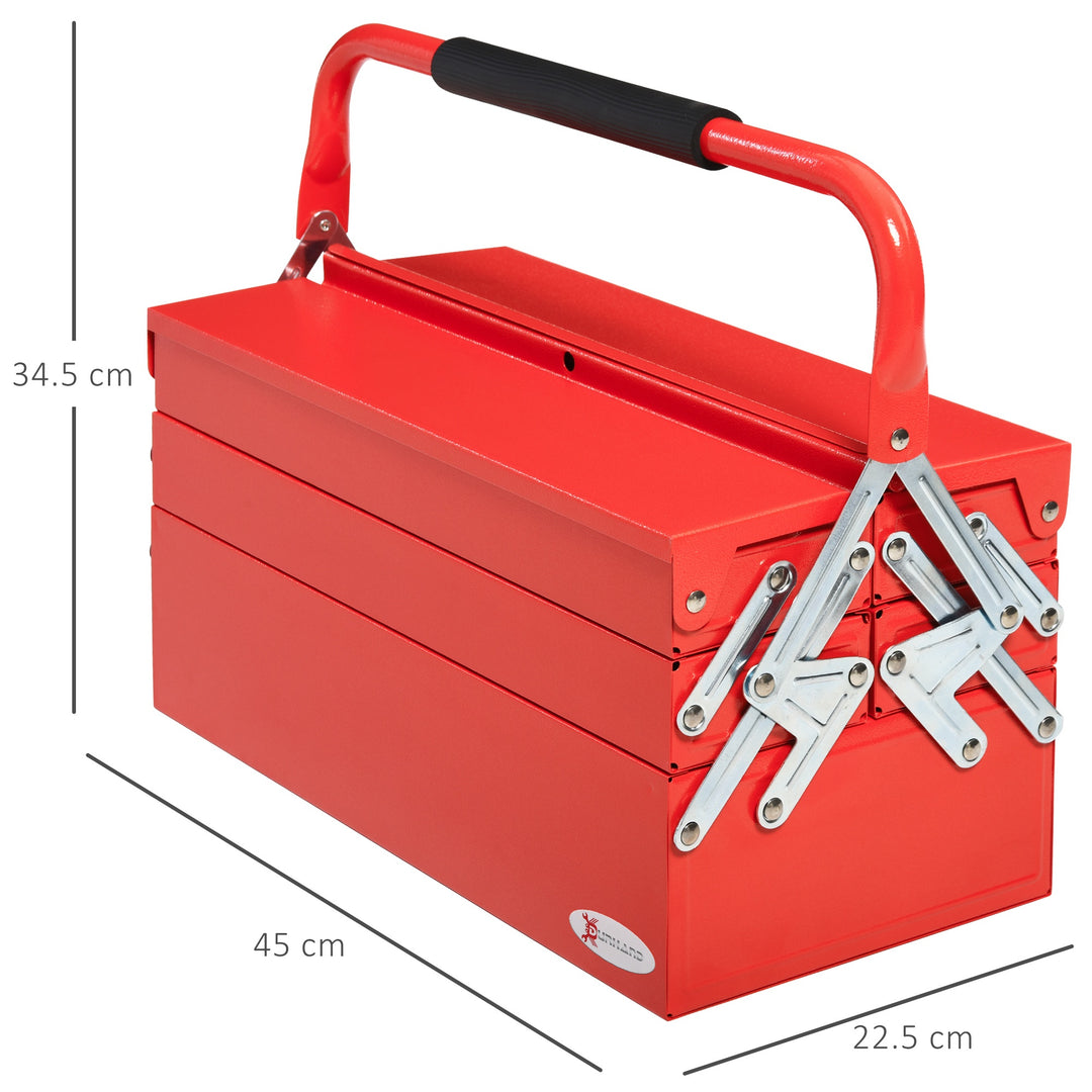 DURHAND Metal Tool Box 3 Tier 5 Tray Professional Portable Storage Cabinet Workshop Cantilever Toolbox with Carry Handle, 45cmx22.5cmx34.5cm, Red