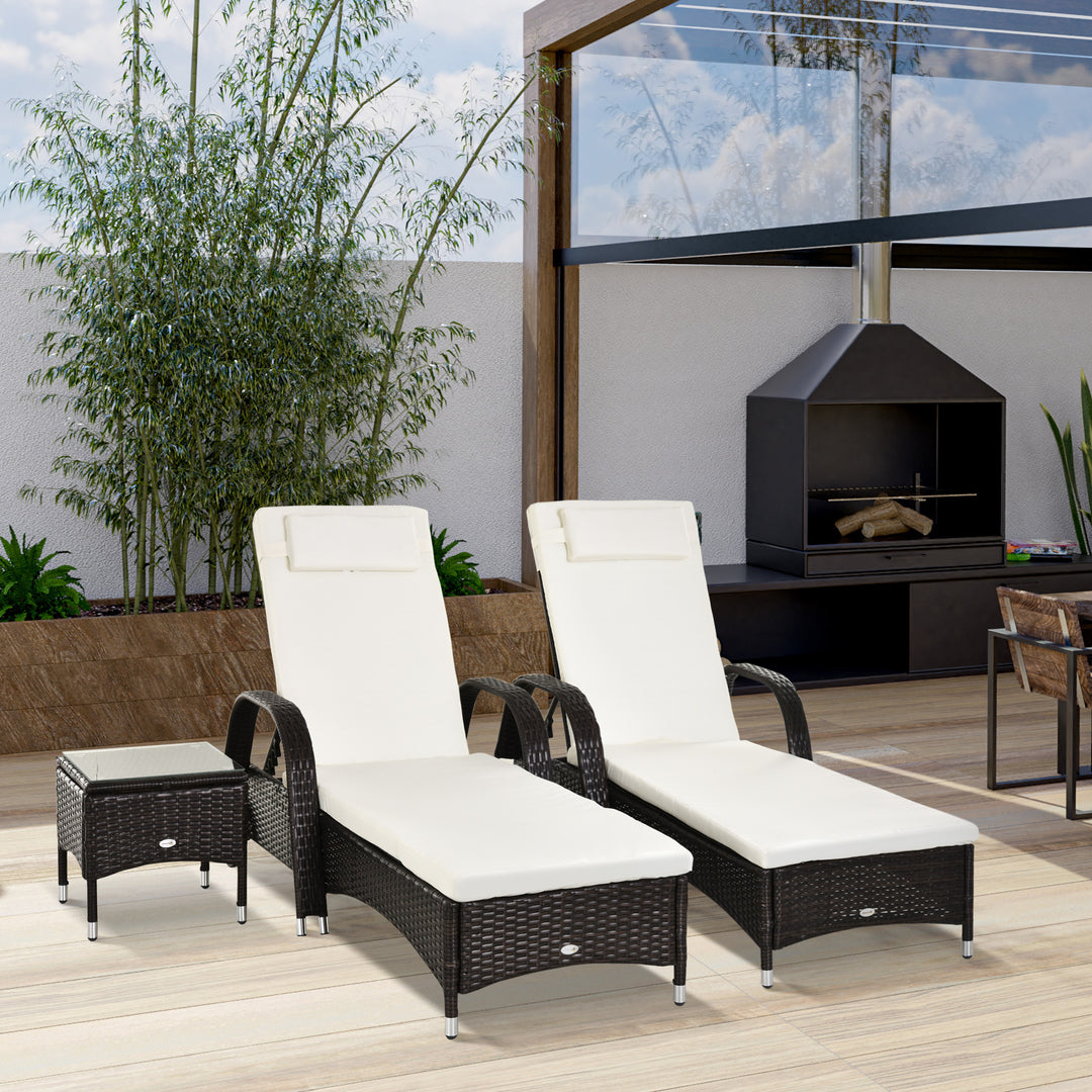 Outsunny 3 Pieces Patio Lounge Chair Set, Garden Wicker Wheeling Recliner Outdoor Daybed, PE Rattan Lounge Chairs w/Cushions & Side Coffee Table Brown