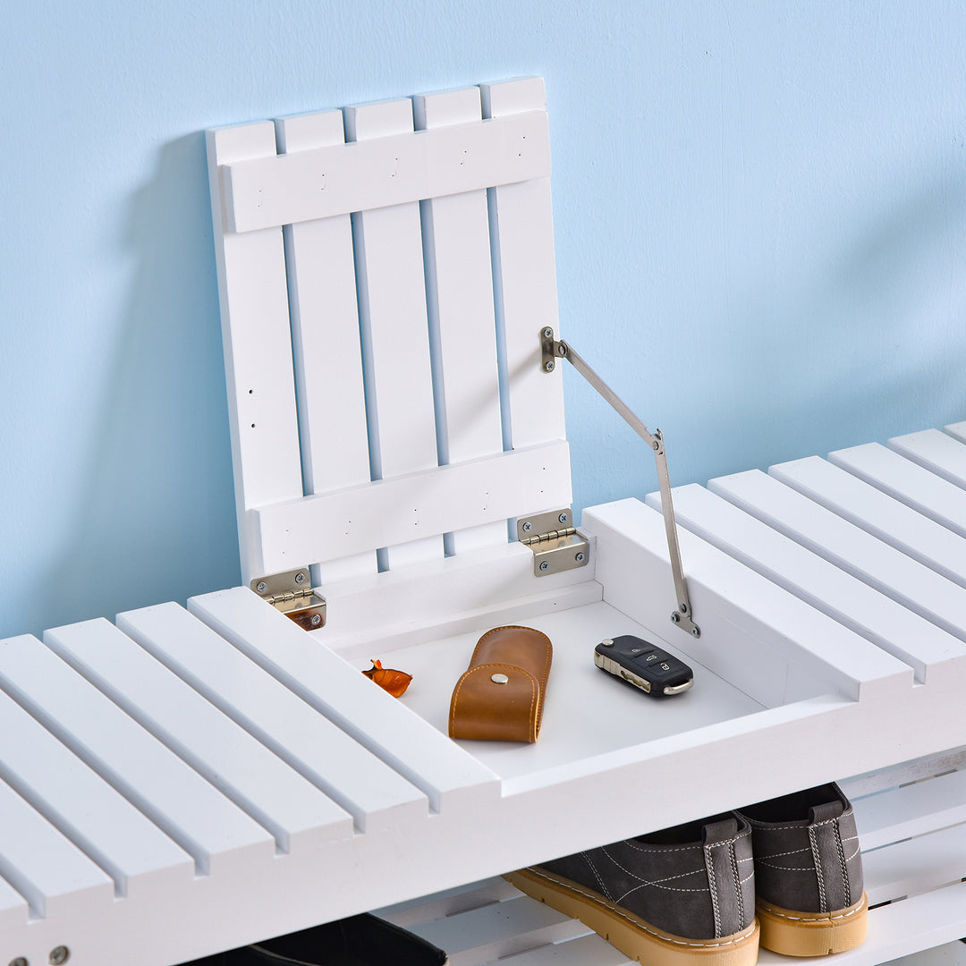 Shoe Bench, 3-Tier Wooden Shoe Rack with Hidden Storage Compartment, Slatted Shelves, Home Storage Unit, Hallway Furniture, White