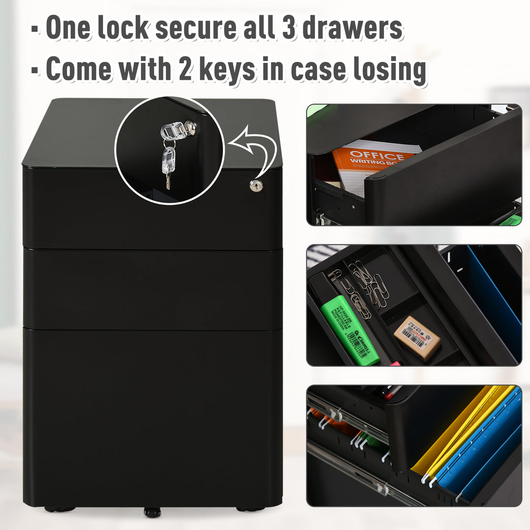 Fully Assembled 3 Drawer Steel Metal Filing Cabinet Lockable Rolling Vertical File Cabinet Black