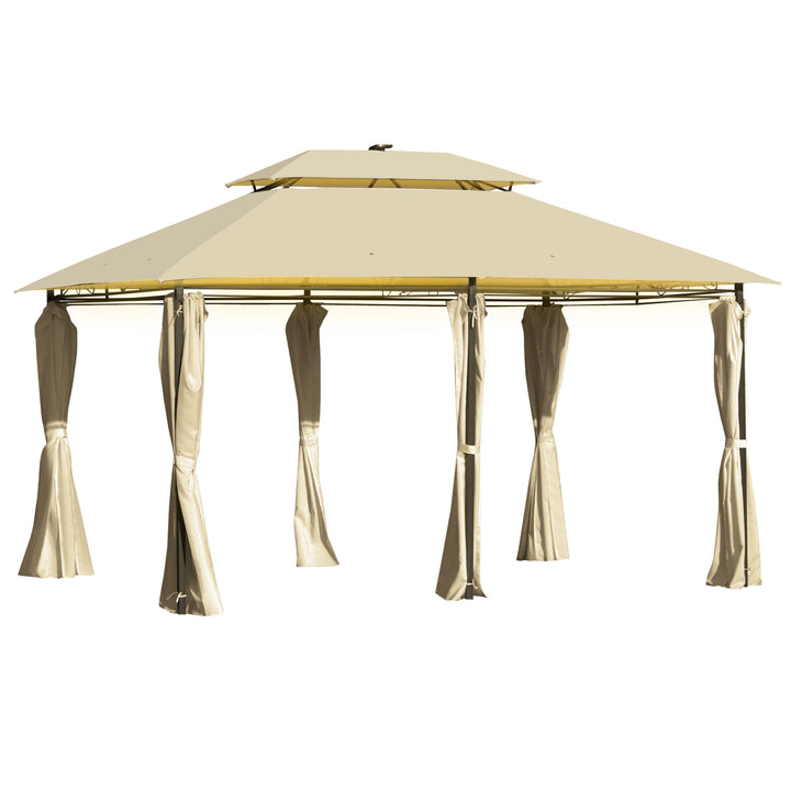 Outsunny 4 x 3(m) Outdoor Gazebo Canopy Party Tent Garden Pavilion Patio Shelter w/ LED Solar Light, Double Tier Roof, Curtains, Steel Frame, Khaki
