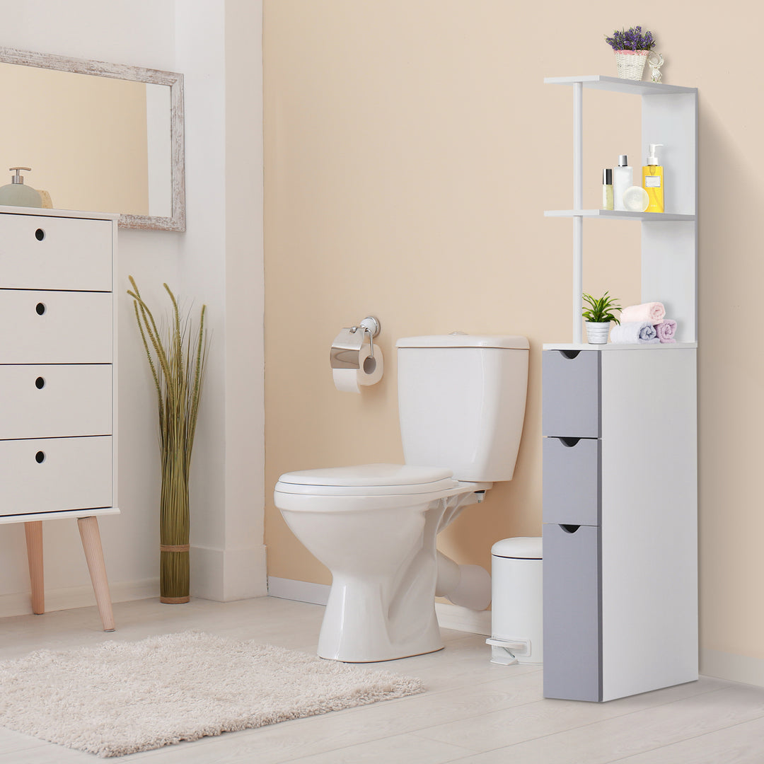 Slimline Bathroom Storage Free-Standing Bathroom Cabinet Unit Tall Shelf Toilet Tissue Cupboard w/Drawers - Grey and White