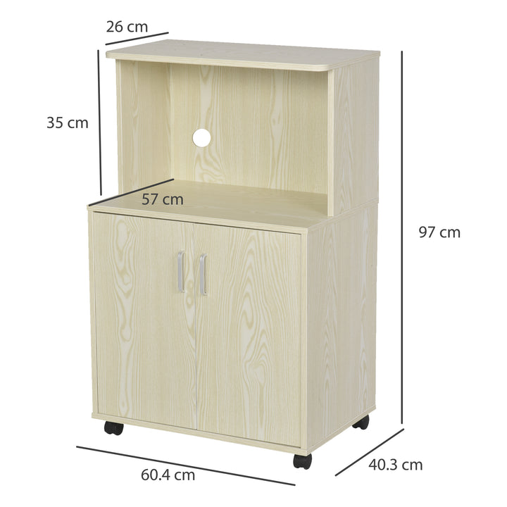 Microwave Stand, Modern Kitchen Storage Unit, Trolley Cart Sideboard w/ Cabinet, Locking Wheels, Shelf for Living Room, Dining Room -Oak Tone