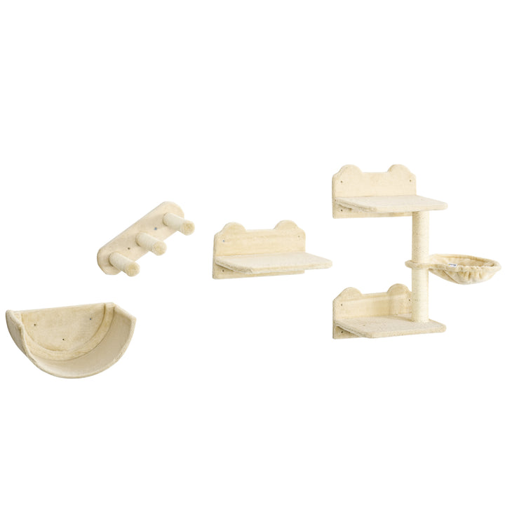 PawHut 4PCs Wall-mounted Cats Shelves, Cat Climbing Shelf Set, Kitten Activity Center with Hammock Nest Scratching Post Jumping Platform, Beige