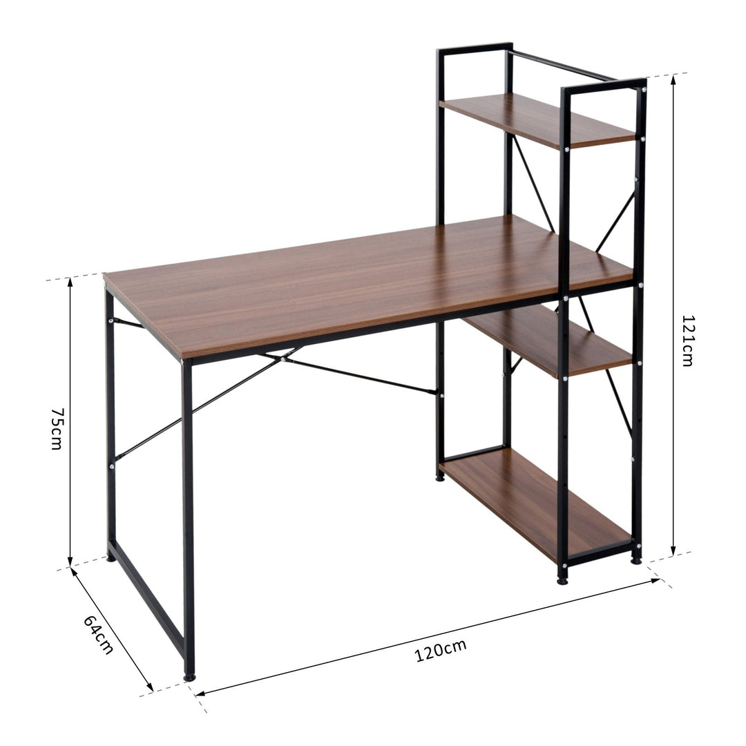 Computer Desk PC Table  Study Workstation Home Office with 4-tier Bookshelf Storage Metal Frame Wooden Top (Walnut & Black)