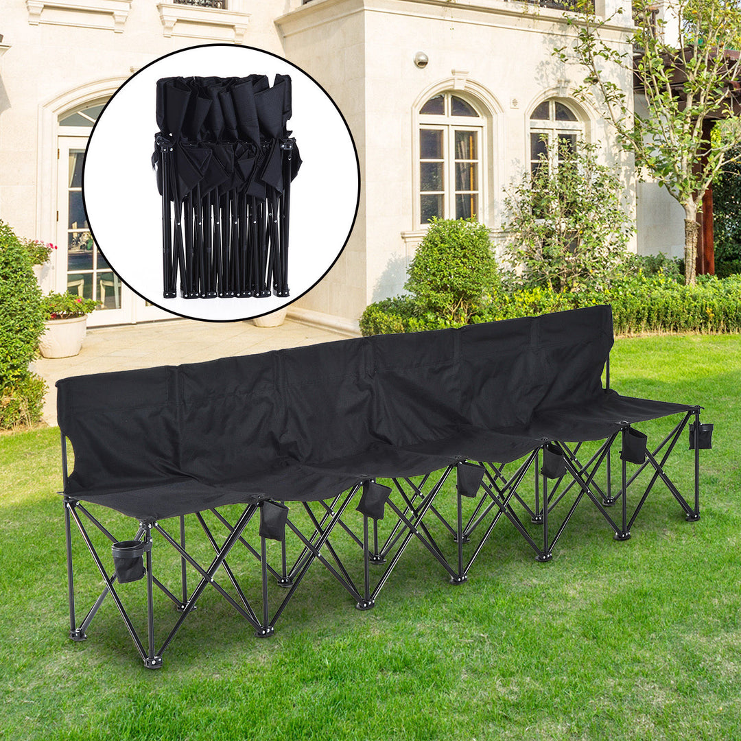 6 Seater Folding Sports Bench Outdoor Picnic Camping Portable Spectator Chair Steel Frame w/Cup Holder & Carry Bag - Black