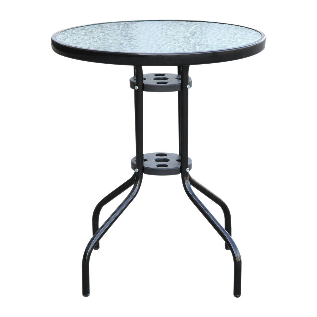 60×70H cm Round Metal Table, Garden Table Tempered Glass-Black
