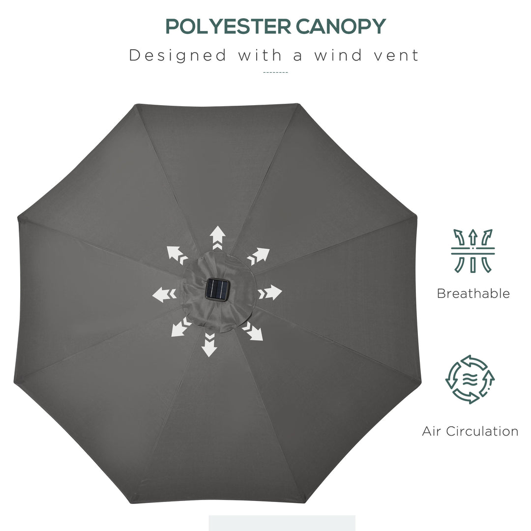 Garden 24 LED Light Parasol Outdoor Tilt Sun Umbrella Patio Club Party Event Manual Sun Shade w/ Hand Crank Grey