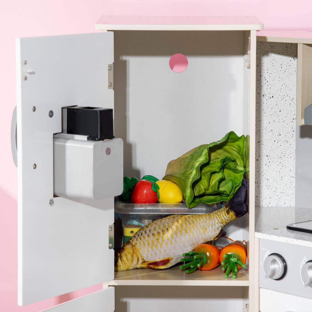 HOMCOM Toy Kitchen for Kids with Role Play Accessories, Wooden Corner Pretend Kitchen with Sound and Light, Phone, Microwave, Refrigerator, Ice Maker