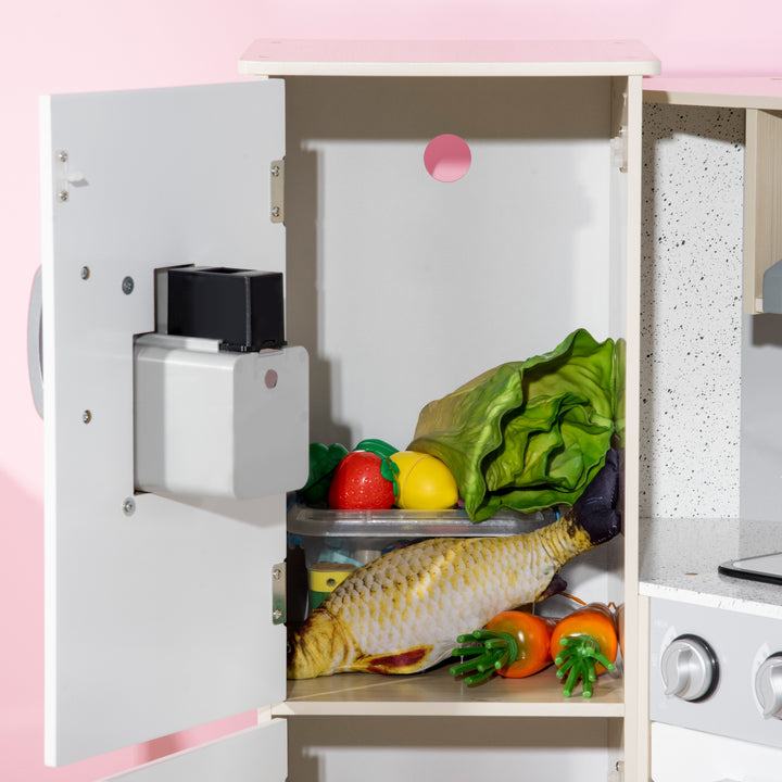 HOMCOM Toy Kitchen for Kids with Role Play Accessories, Wooden Corner Pretend Kitchen with Sound and Light, Phone, Microwave, Refrigerator, Ice Maker