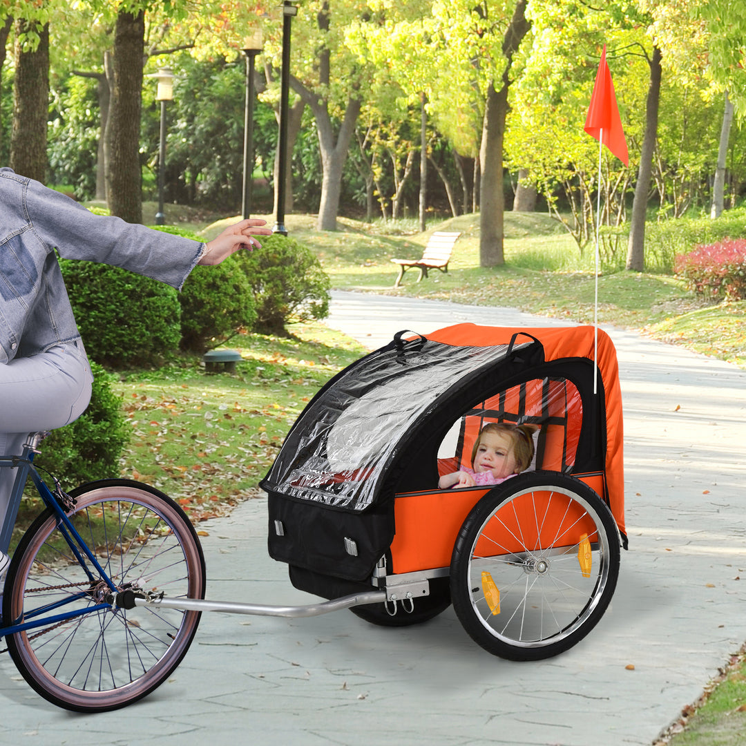 2 Seat Bike Trailer Bicycle wagon for Kids Child Steel Frame Safety Harness Seat Carrier Orange Black 130 x 76 x 88 cm