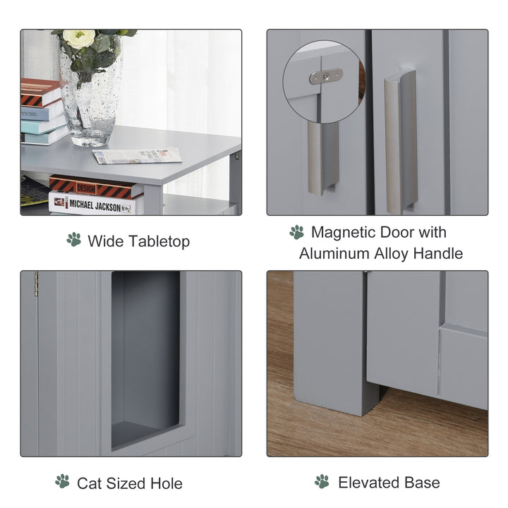 Wooden Cat Litter Box Enclosure Furniture with Adjustable Interior Wall & Large Tabletop for Nightstand, Grey