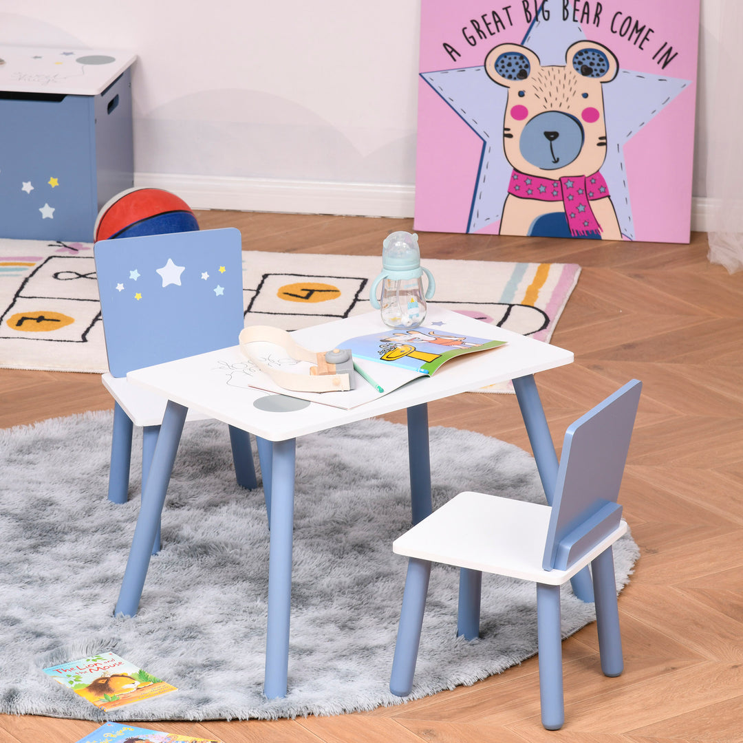 HOMCOM Kids Table and Chairs Set 3 Pieces 1 Table 2 Chairs Toddler Wooden Multi-usage Easy Assembly Star Image Ornament Blue and White