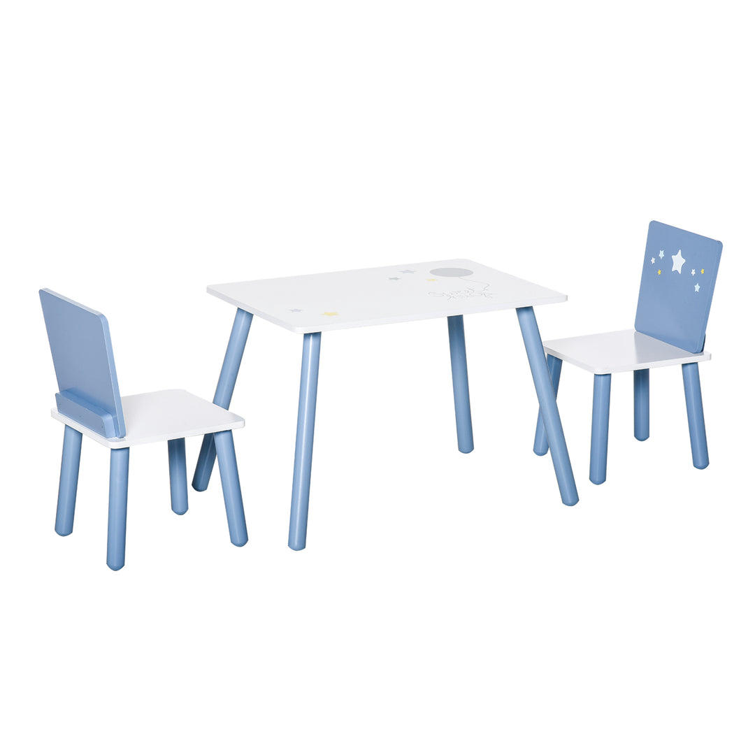 HOMCOM Kids Table and Chairs Set 3 Pieces 1 Table 2 Chairs Toddler Wooden Multi-usage Easy Assembly Star Image Ornament Blue and White