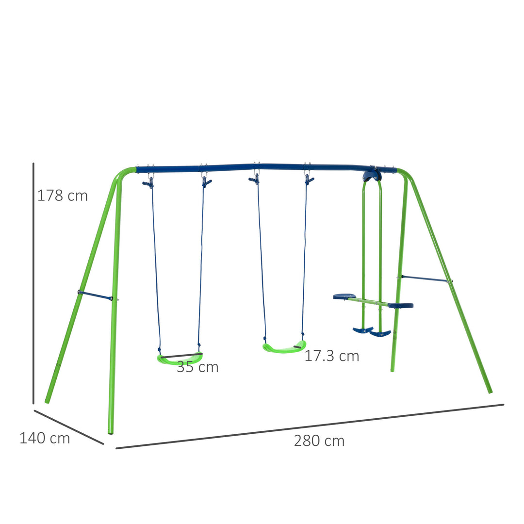 Metal Swings & Seesaw Set Double Seats with a Height Adjustable Children Outdoor Backyard Play Set for Toddlers Over 3 Years Old, Green