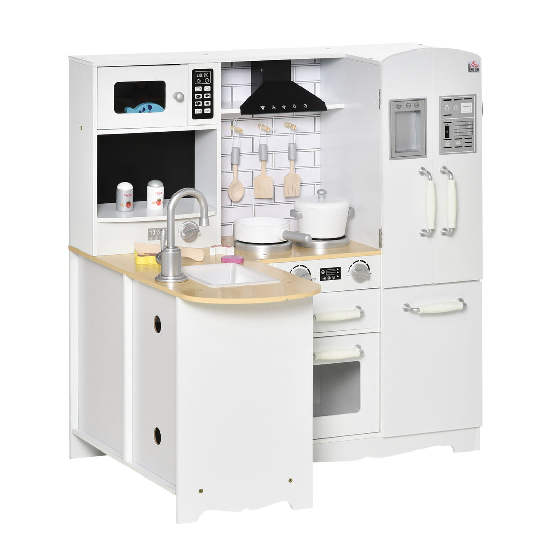 Kids Wooden Kitchen, Large Pretend Role Play Kitchen With Realistic Refrigerator, Microwave, Oven, Range Hood, Sink, Telephone, Kids Play Kitchen Set with Sounds, Storage Space, White