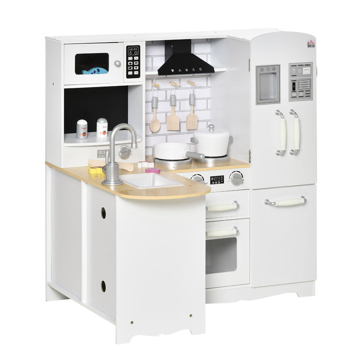 Kids Wooden Kitchen, Large Pretend Role Play Kitchen With Realistic Refrigerator, Microwave, Oven, Range Hood, Sink, Telephone, Kids Play Kitchen Set with Sounds, Storage Space, White