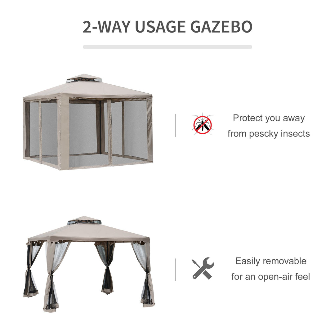 Outsunny Outdoor Garden Gazebo Tent, 2-tier Roof W/Netting, 295L x 295W x 263Hcm-Taupe