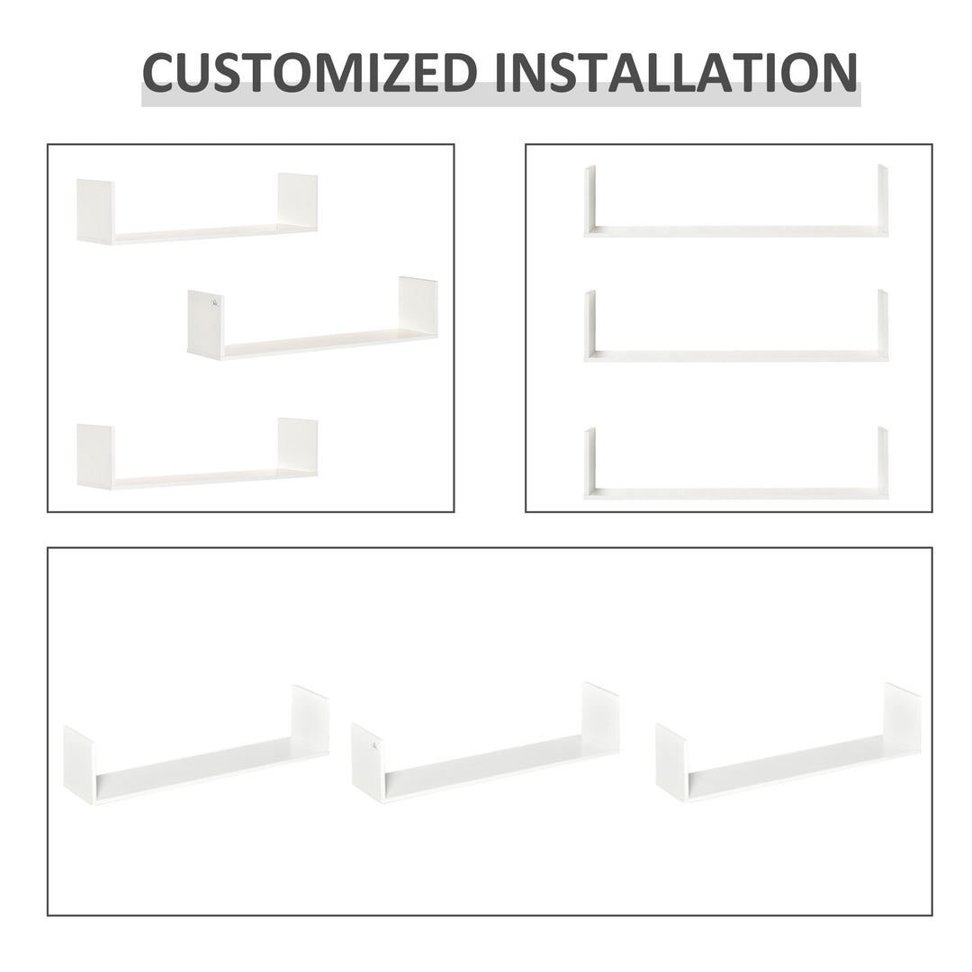 Set of 3 Wooden U-Shaped Floating Shelves Set Wall Mounted Hanging Bookshelf CD DVD Storage Display for Bedroom Living Room Kitchen, White