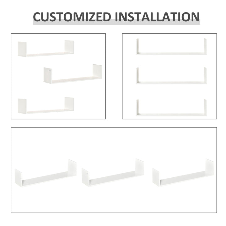 Set of 3 Wooden U-Shaped Floating Shelves Set Wall Mounted Hanging Bookshelf CD DVD Storage Display for Bedroom Living Room Kitchen, White