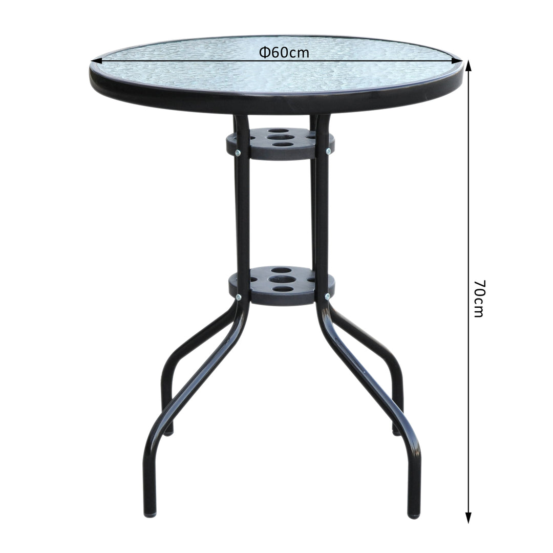 60×70H cm Round Metal Table, Garden Table Tempered Glass-Black