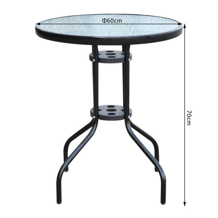 60×70H cm Round Metal Table, Garden Table Tempered Glass-Black