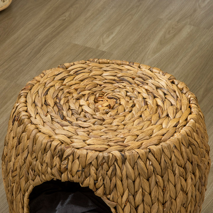 PawHut Wicker Cat Cave/House Stool with Soft Washable Cushion,Rattan Kitten Bed for Outdoor & Indoor Use, 44 x 43 x 41cm