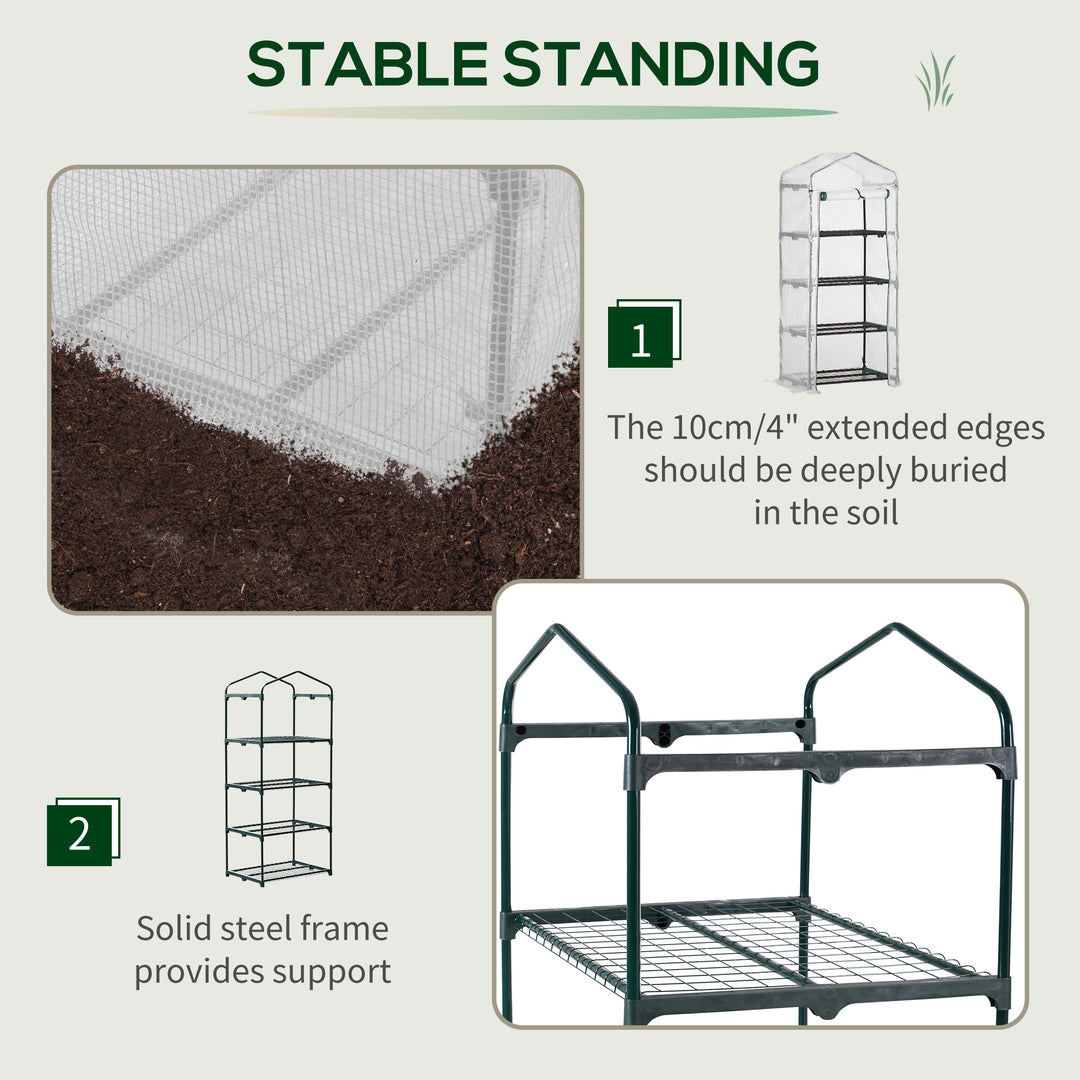 Outsunny 4 Tier Mini Greenhouse, Portable Green House with Steel Frame, PE Cover, Roll-up Door, 70 x 50 x 160 cm, White
