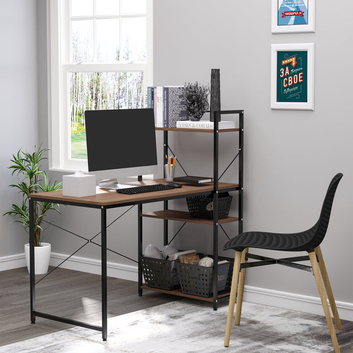 Computer Desk PC Table  Study Workstation Home Office with 4-tier Bookshelf Storage Metal Frame Wooden Top (Walnut & Black)