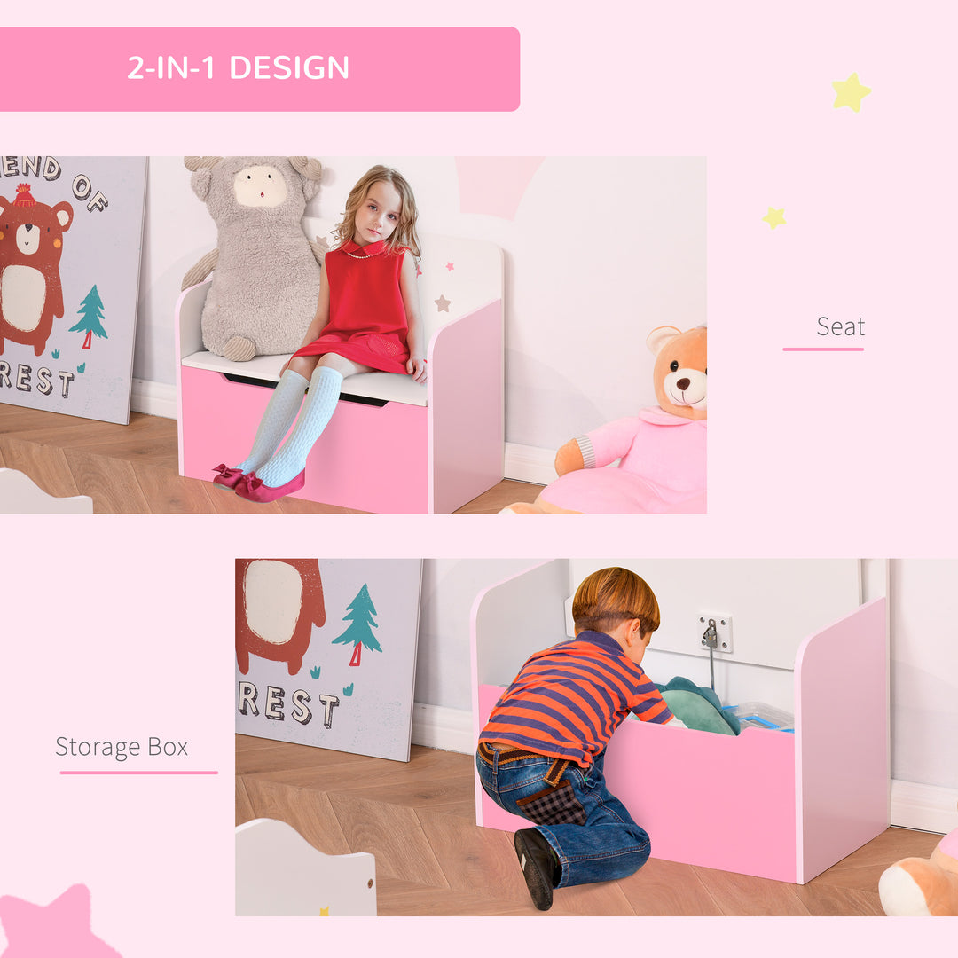 Kids Wooden Toy Storage Chest Chair 2 in 1 Design with Gas Stay Bar Safety Hinges Lid 60 x 30 x 50cm Pink
