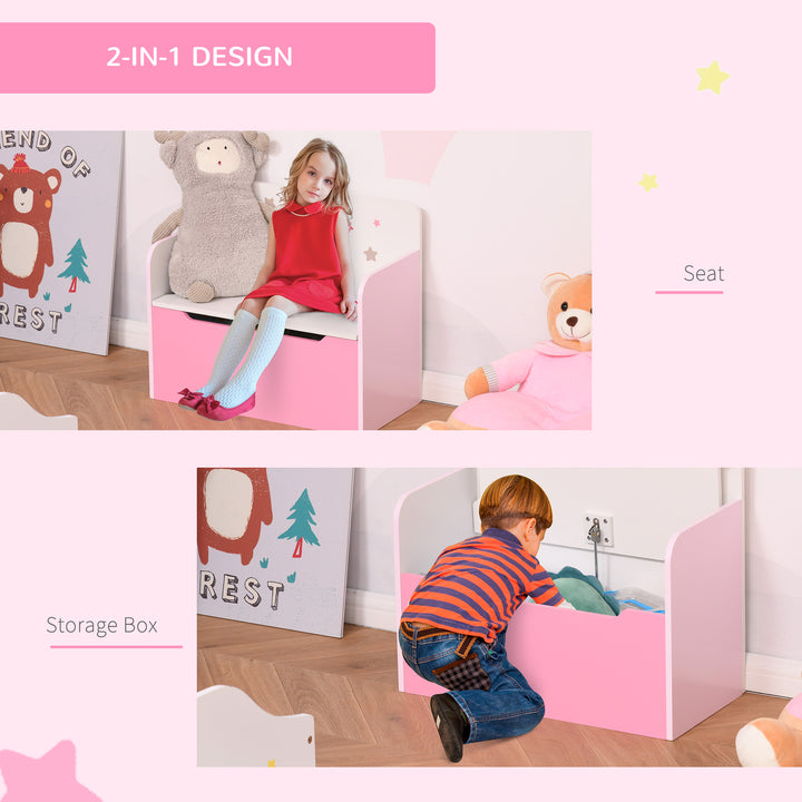 Kids Wooden Toy Storage Chest Chair 2 in 1 Design with Gas Stay Bar Safety Hinges Lid 60 x 30 x 50cm Pink