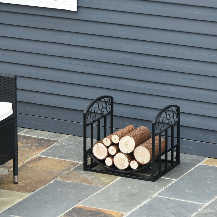 Outsunny Wrought Iron Inner Arced Wood Log Holder Indoor Outdoor Storage Shelf w/ Elegant Scrolls Rust-Resistant Stacker Black