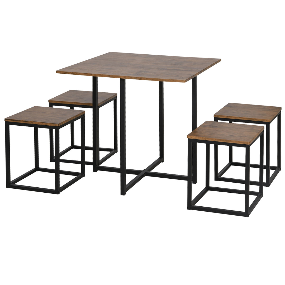 5 PCS Industrial Table & Stool Set w/ Metal Frame Home Dining Stylish Square Compact Seating Chair Beautiful Cool Black Brown