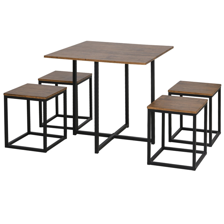 5 PCS Industrial Table & Stool Set w/ Metal Frame Home Dining Stylish Square Compact Seating Chair Beautiful Cool Black Brown