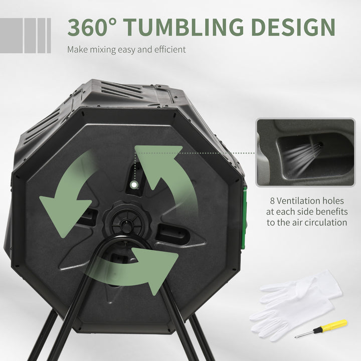 160L Tumbling Compost Bin Outdoor Dual Chamber 360° Rotating Composter w/ Sliding Doors & Solid Steel Frame, Black