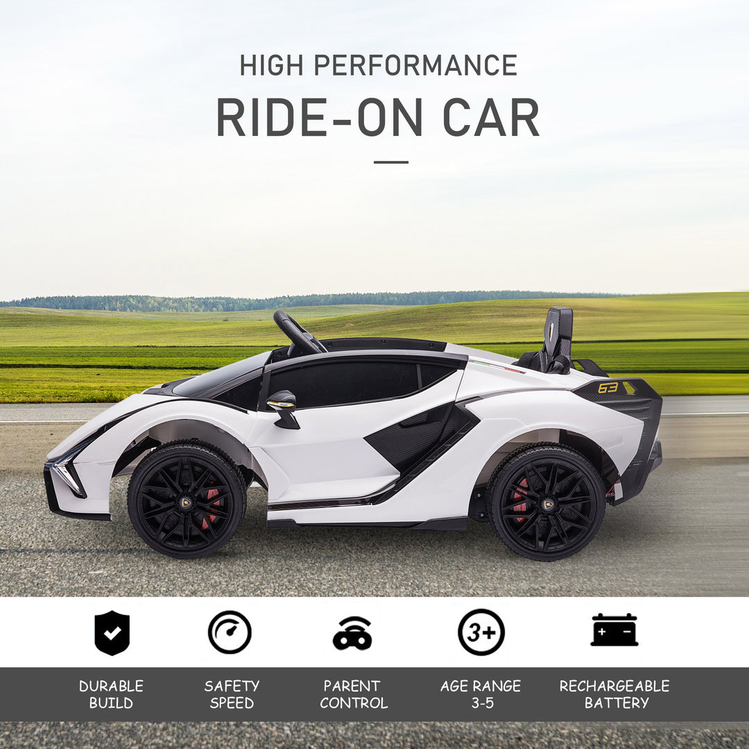Compatible 12V Battery-powered Kids Electric Ride On Car Lamborghini SIAN Toy with Parental Remote Control Lights MP3 for 3-5 Years Old White