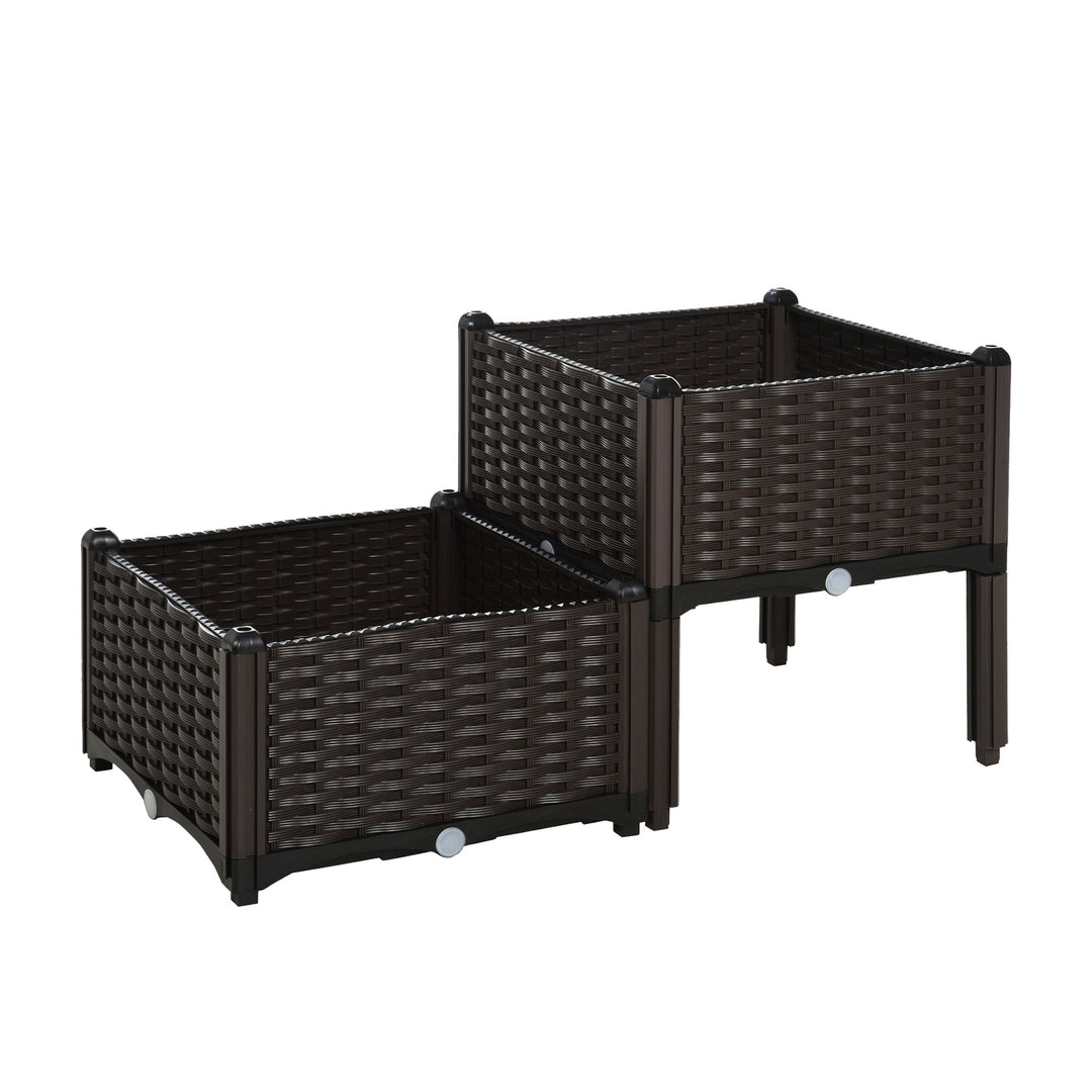 Set of 2 Garden Raised Bed Elevated Patio Flower Plant Planter Box PP Vegetables Planting Container, Brown