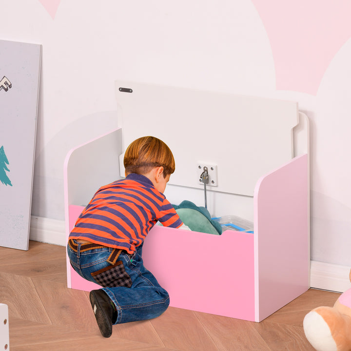 Kids Wooden Toy Storage Chest Chair 2 in 1 Design with Gas Stay Bar Safety Hinges Lid 60 x 30 x 50cm Pink