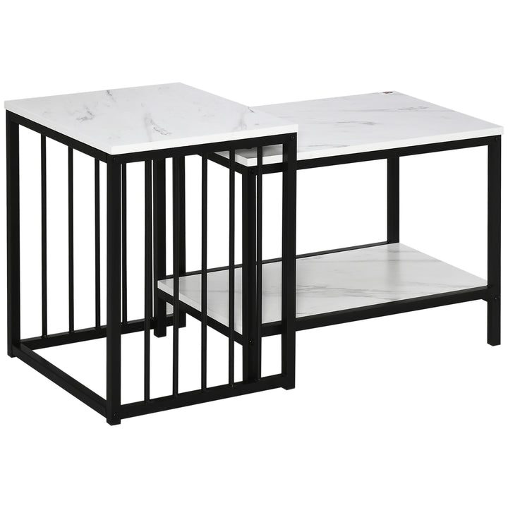 HOMCOM Modern Coffee Table Set of Two, Marble-Effect Nest of Tables with Steel Frame for Living Room, White and Black