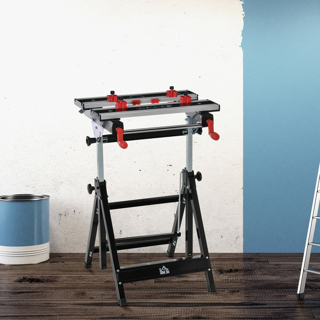 Foldable Work Bench Tool Stand with Adjustable Height and Clamps, Carpenter Saw Table, Heavy Duty Steel Frame, 100kg Capacity