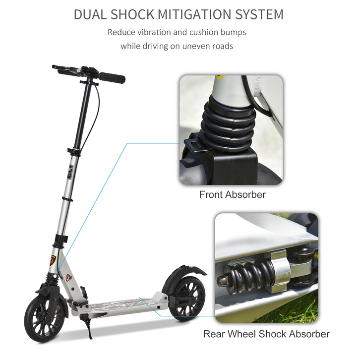 Adult Teens Kick Scooter Foldable Height Adjustable Aluminum Ride On Toy for 14+ with Rear Wheel & Hand Brake, Shock Mitigation System - Silver