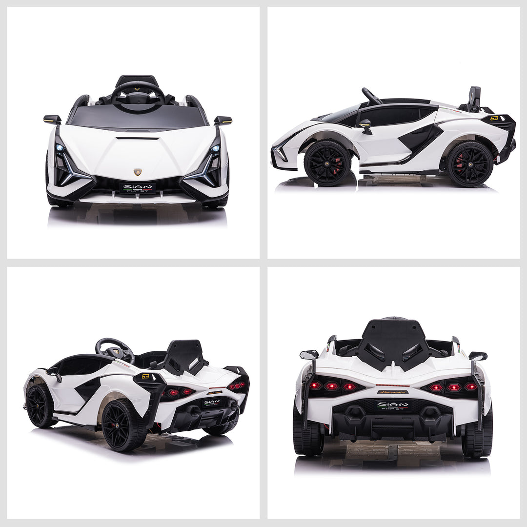 Compatible 12V Battery-powered Kids Electric Ride On Car Lamborghini SIAN Toy with Parental Remote Control Lights MP3 for 3-5 Years Old White