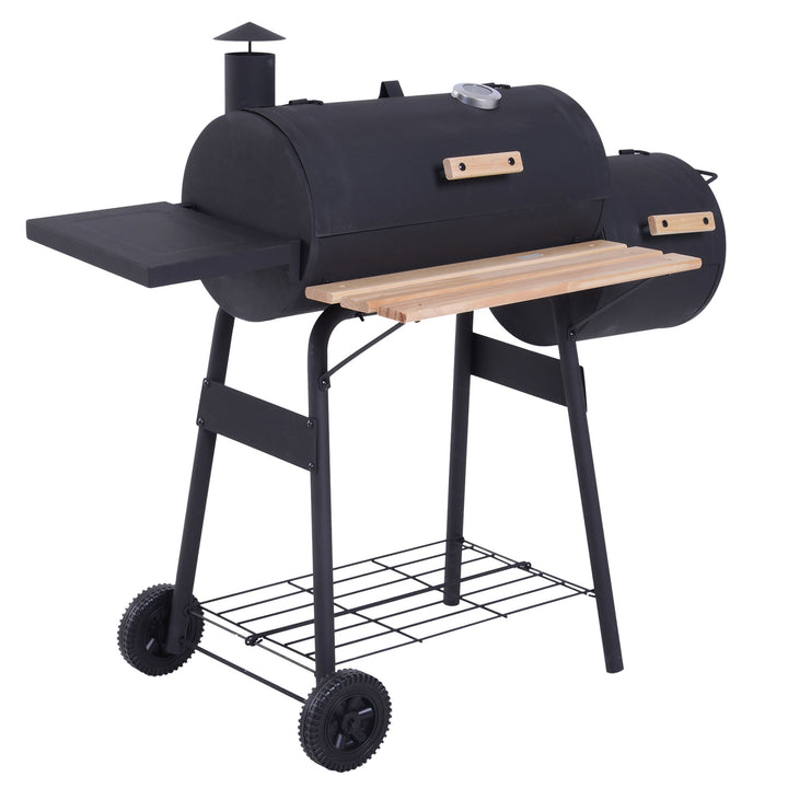 Charcoal Barbecue Grill Garden Portable BBQ  Trolley w/ Offset Smoker Combo, Handy Shelves and On-lid Thermometer