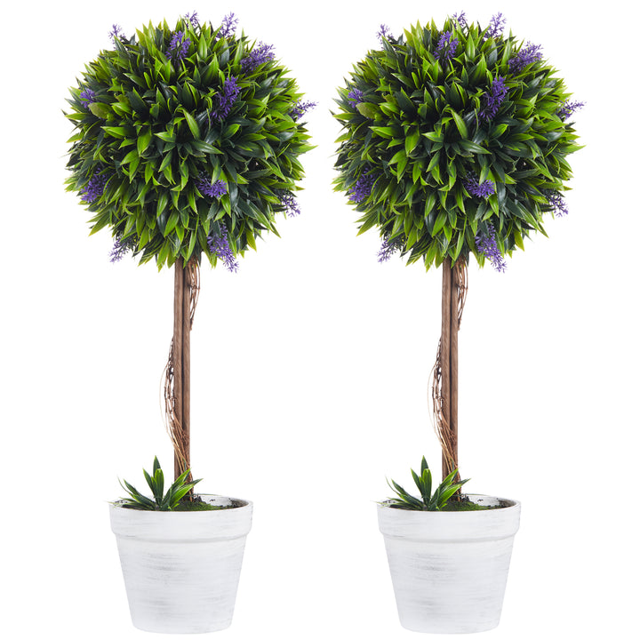 Set of 2 Decorative Artificial Plants Ball Trees with Lavender Flowers in Pot Fake Plants for Home Indoor Outdoor Decor, 60cm