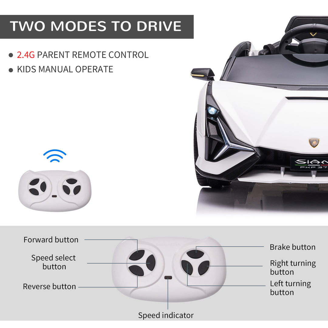 Compatible 12V Battery-powered Kids Electric Ride On Car Lamborghini SIAN Toy with Parental Remote Control Lights MP3 for 3-5 Years Old White