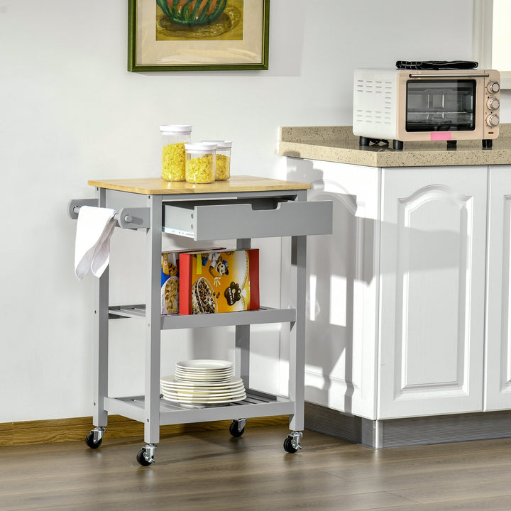 Kitchen Trolley Utility Cart on Wheels with Rubberwood Worktop, Towel Rack, Storage Shelves & Drawer for Dining Room, Grey