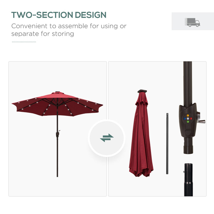Garden 24 LED Light Parasol Sun Shade w/ Hand Crank and 8 Ribs 2.7M Red