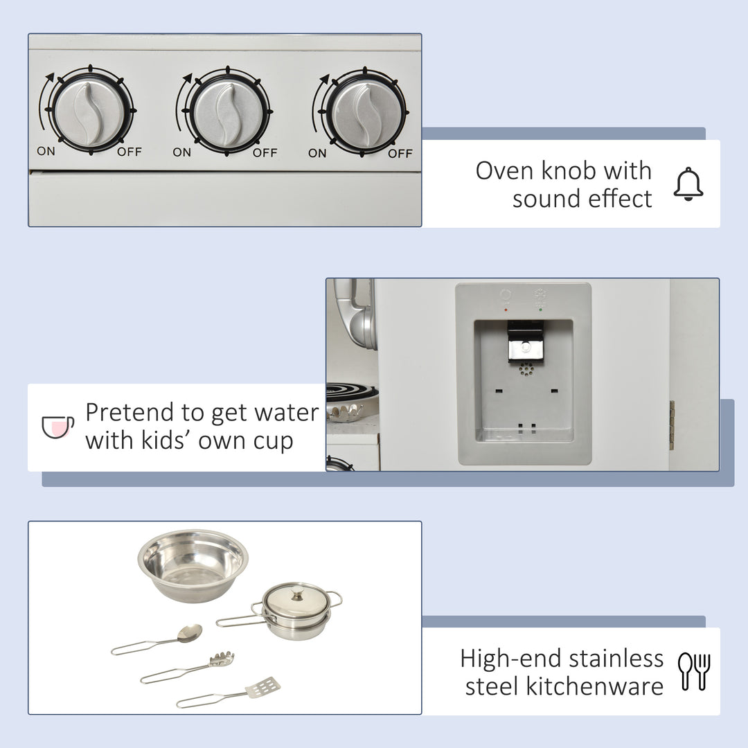 HOMCOM Kids Kitchen Playset Luxury Kitchen Accessories Set Pretend Cooking Set with Telephone Ice Machine, White