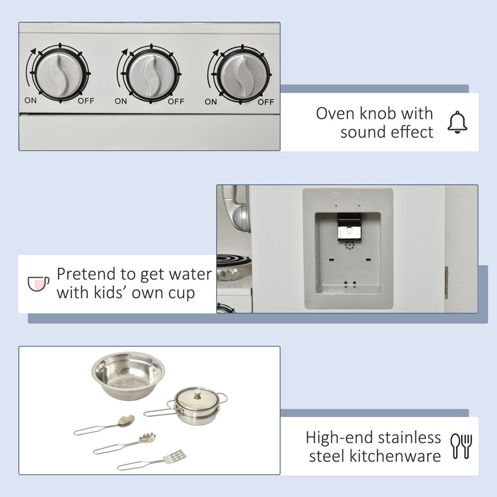 HOMCOM Kids Kitchen Playset Luxury Kitchen Accessories Set Pretend Cooking Set with Telephone Ice Machine, White